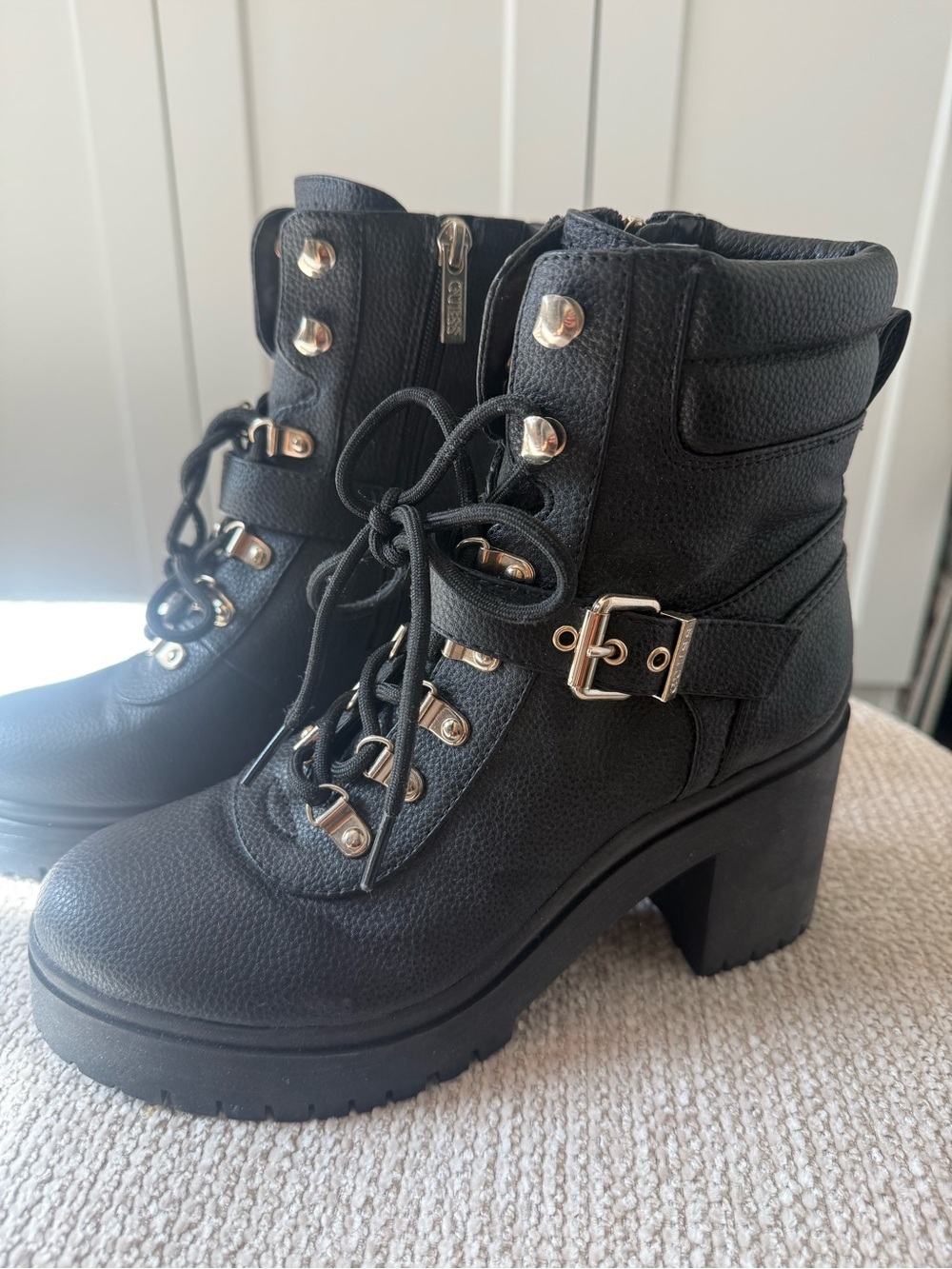 Guess Canaly Lug Sole Block Heel Combat Boots